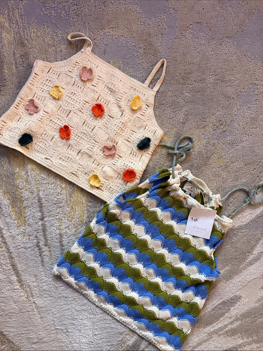 Zara Cream Crochet Floral Appliqué Tank & Blue Green Stripe Knit Tank Set